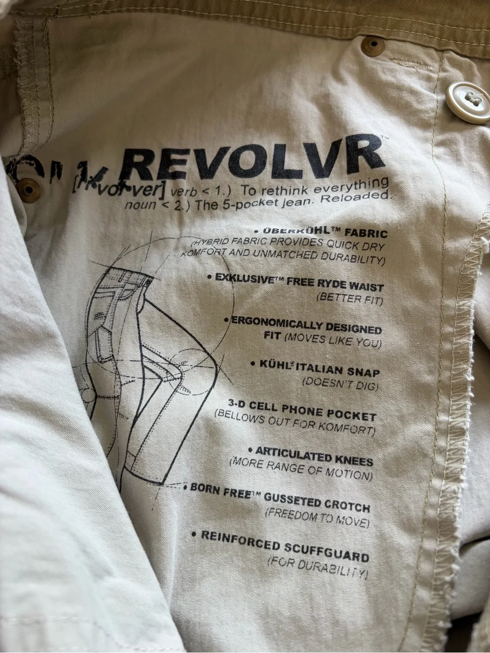Kuhl Revolvr Pants Mens 34x34 Tan Hiking Outdoors Vintage Patina Dye Cell Pocket